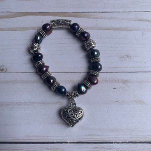 Black pearl and silver stretch bracelet